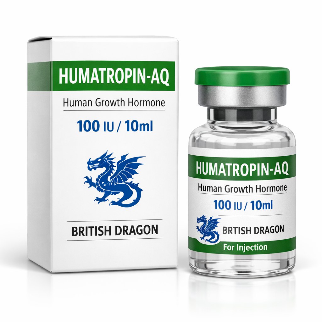На фото: Оригинальная упаковка Humatropin AQ 100 IU от British Dragon.
