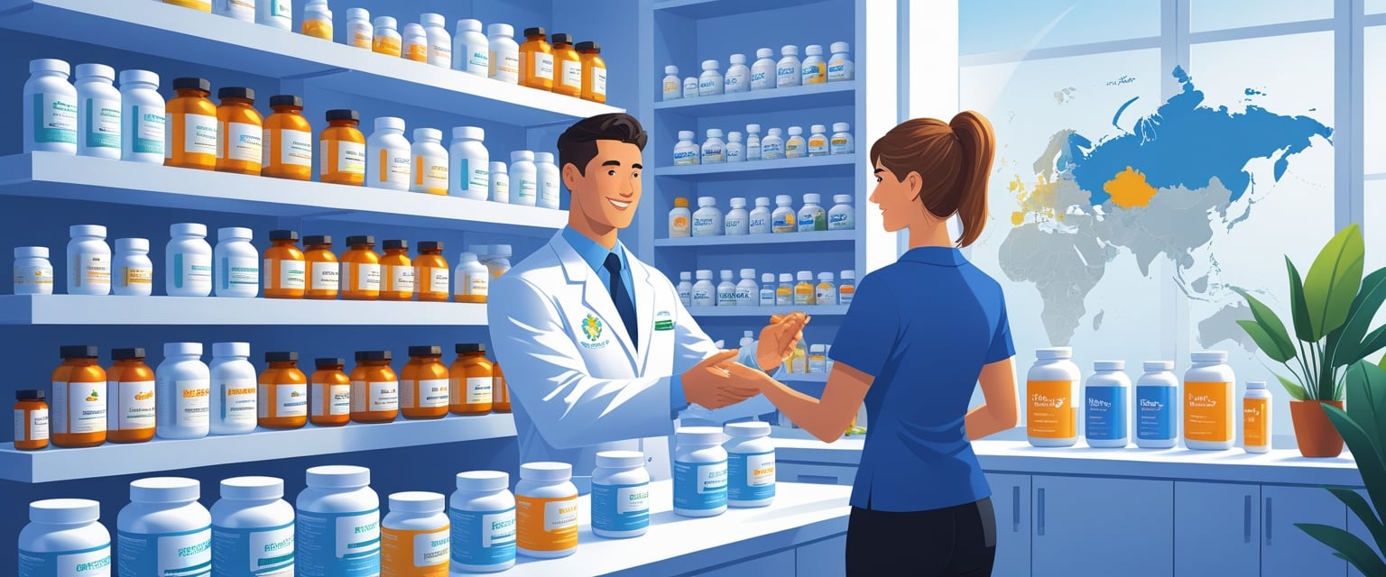 Внутренний вид современной аптеки в Казахстане с полками, заполненными банками с добавками, фармацевт помогает покупателю.