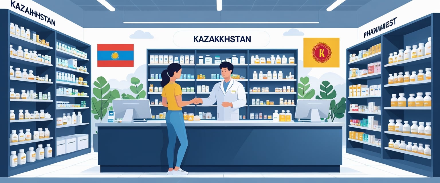 Человек консультируется с фармацевтом в аптеке с полками лекарств на фоне элементов, связанных с Казахстаном.