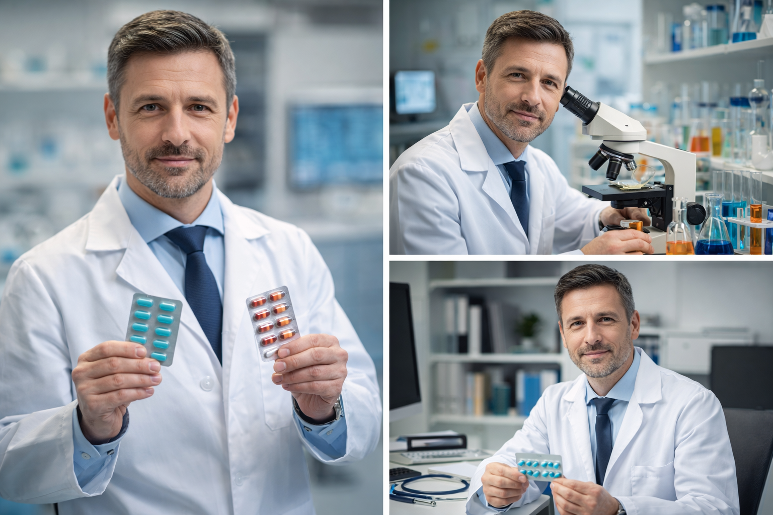 Доктор Игорь Викторович Петров - фотография в клинике доктора, фото у микроскопа и фото с табалетками в руках